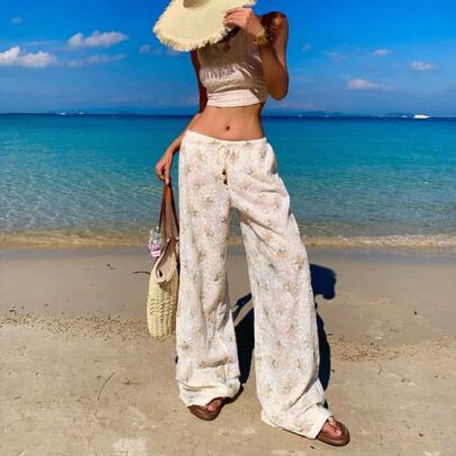 Flirla Apricot & Yellow Embroidery Textured Fabric Elegant Holiday Casual Drawstring Wide Leg Pants For Women Beach Outfits For Woman Resort Wear Women Summe