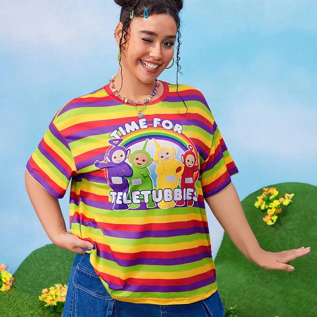 SHEIN Plus Size Loose Colorful Rainbow Striped Summer Kawaii Funny T-Shirt