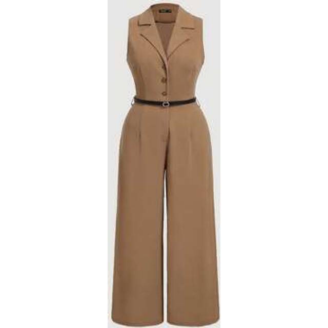 SHEIN Plus Size Vintage Brown Jumpsuit With Suit Collar And Belt, Elegant Jumpsuit, Going Out Jumpsuit, Western Jumpsuit,Holiday Outfits