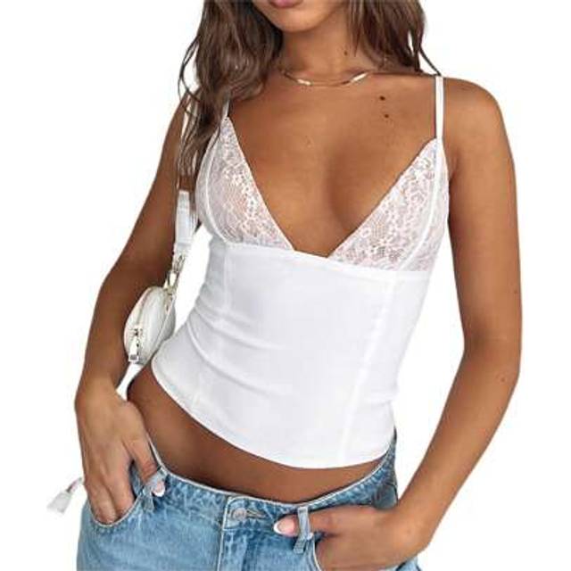 SHEIN Women Spaghetti Strap Camisoles Lace Splice Sleeveless Sling Tank Tops Summer Slim Fit Deep V-Neck Vests Crop Tops