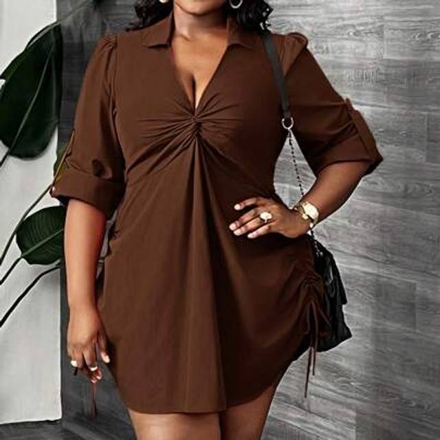 Slaydiva Plus Size Women Elegant Casual Commute Party Date Sexy Fitted Solid Rust Red Long Sleeve Shirred Twist Front Drawstring Waist Mini Shirtdress, Spring/