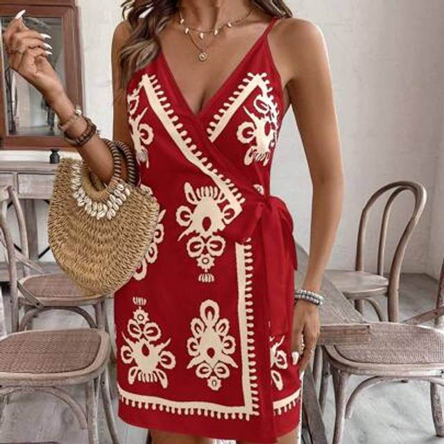 SHEIN Plus Size Summer Vacation Printed Wrap Spaghetti Strap Dress