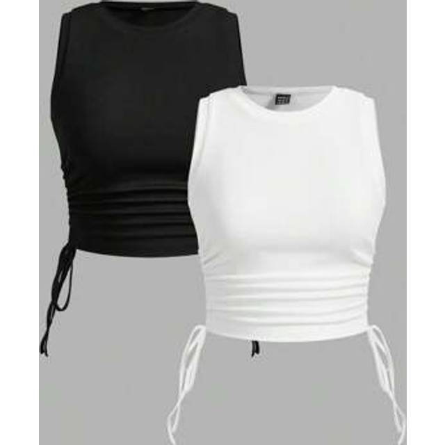 SHEIN 2pcs/Set Ribbed Drawstring Ruched Cropped Camisole Top, Suitable For Summer Back To School