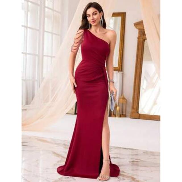 SHEIN Women&#39;s High Slit Asymmetrical Neck Party Dress, Formal Ball Gown Prom Graduation Evening Dress, For Wedding Guest