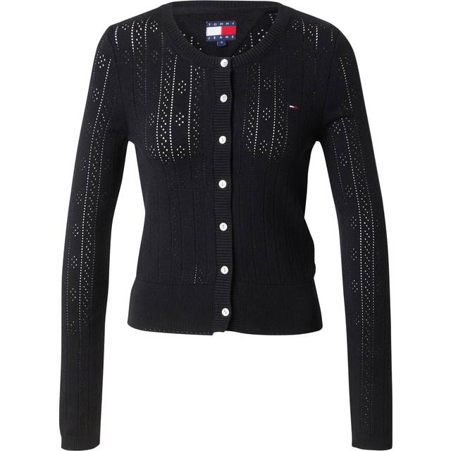 Tommy Jeans Pointelle Crew Neck Cardigan - Black, Black, Size Xs, Women - XS