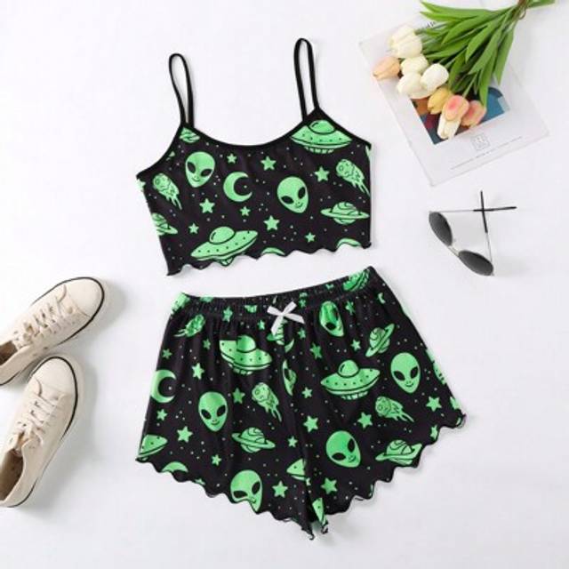 SHEIN Alien Print Sexy Cami Top And Shorts Pajama Set
