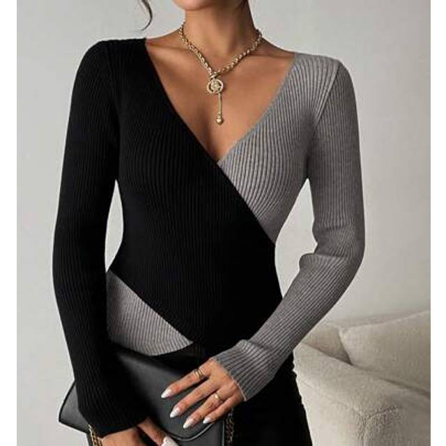 SHEIN Women&#39;s Winter Slim Fit Stylish Crisscross Design With Classic Black And White Contrast Sexy Elegant Sweater Pullover For Work And Gatherings,Fall Swe