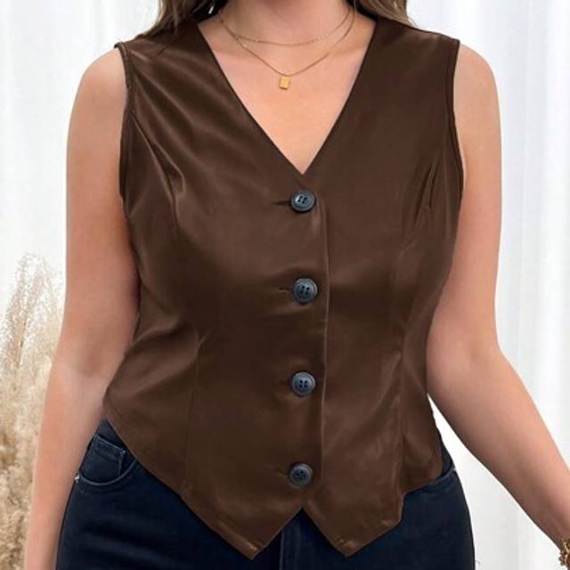 SHEIN Plus Size Women&#39;s Spring & Autumn Single-Breasted PU Leather Vest