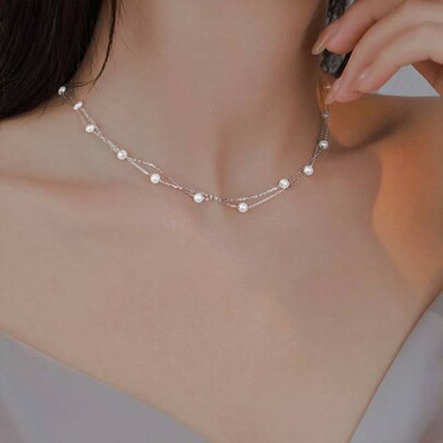 SHEIN 1pc S925 Sterling Silver Multi-Layer Pearl Necklace, Luxury Minimalist Elegant Personalized Chain Necklace, Perfect Gift