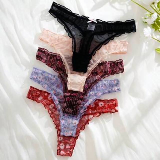 SHEIN 5pcs Women Mesh Ruffle Trim Thong Panties Set
