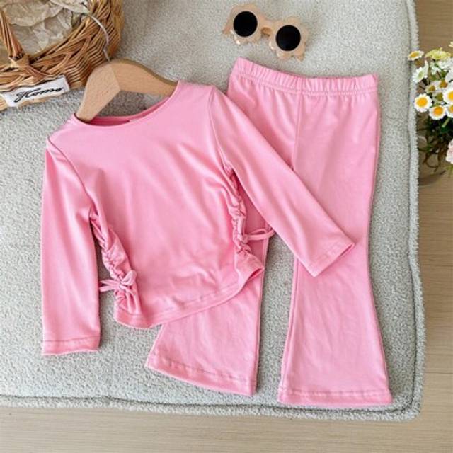 SHEIN Baby Girl Casual Floral Grey Crew Neck Ruched Long Sleeve Fitted Knit Top And Flare Pants Set, Suitable For Home Or Outdoor Wear