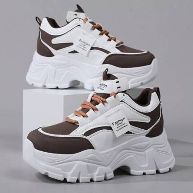 SHEIN Milade Color Leather Platforms Sneakers For Women, Brown Thick Sole Casual Shoes