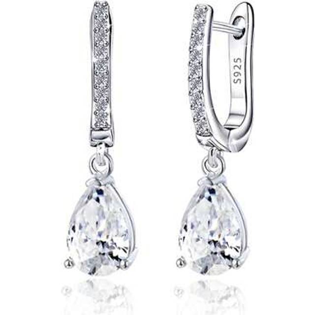 SHEIN Silver Cubic Zirconia Teardrop Hoop Earrings, Hypoallergenic Elegant Earrings For Women, Daily Wear Birthday Gift