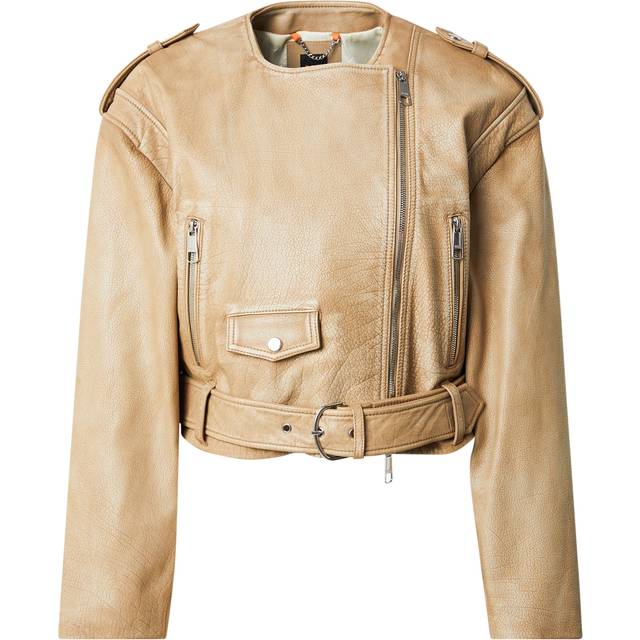 Cropped biker jacket in grained leather - Beige