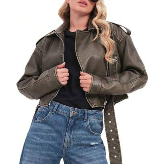 SHEIN Women&#39;s Faux Leather Jacket Long Sleeve Zip Crop Biker Jacket