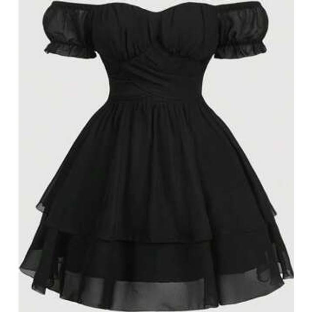 SHEIN Summer Holiday/Date Black Solid Off Shoulder Layered Ruffle Bow-Tied Plus Size Mini Dress,Graduation Dress,Birthday Dresses For Women