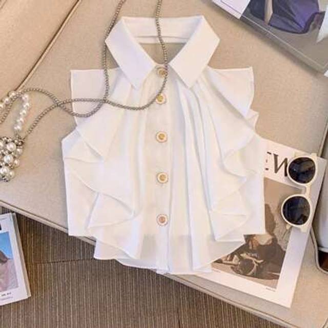 GlowEve Women&#39;s Sleeveless Open Front Ruffle Backless Halter Neck Blouse