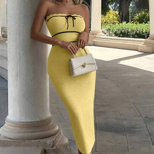 Rafferiza Women&#39;s Autumn/Winter Fashion Knit Sexy Strapless Dress, High Elasticity Resort Style