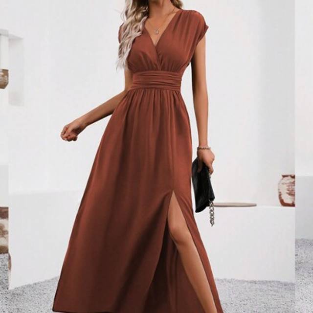 SHEIN Women&#39;s Summer Casual Solid Color High Slit Long Dress With Drawstring Waist Maxi Women Outfit