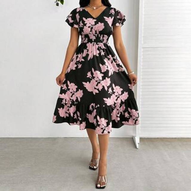 SHEIN Women&#39;s Wedding Guest Dress With Flower Print Lotus Leaf Sleeves Suitable For Daily Commuting, Work Party And Vacation.Elegant Dress Plus Size Dresses