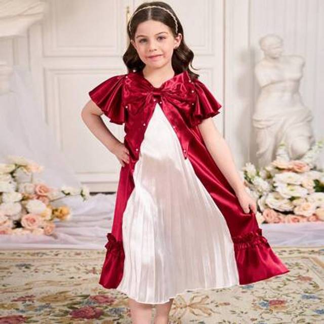 SHEIN Girls&#39; Burgundy Abaya Kaftan Jalabiya Tunic, Ramadan Ramadan Native Conservative Dress, Luxurious Elegant Fashion, Exaggerated Ruffle Bow Pearl Satin
