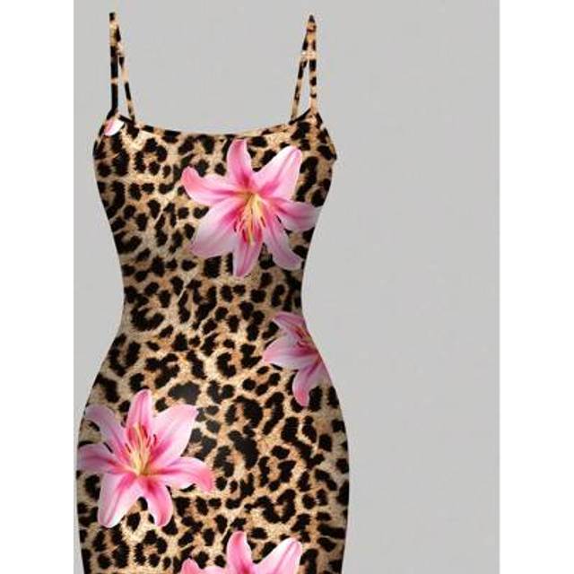 INAWLY Elegant Vacation Style Leopard Print Pink Lily Flower Print Slim Halter Mini Knit Dress