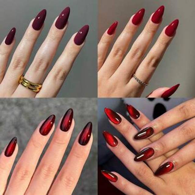 SHEIN 96pcs(4mixed)Almond Glossy Aesthetic Blood-Red Crystal Cat Eye Acrylic Press On Nails Long Nails Design Perfect Fit False Nails Set, Include: 1pc Jell