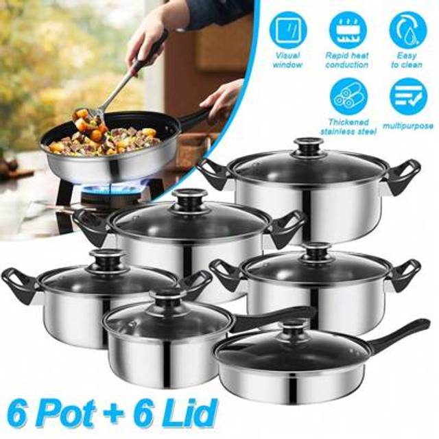 SHEIN 12-Piece Pot Set, Non-Stick Pot Set, Stainless Steel Induction Cooker Cookware,  Healthy Non-Stick Kitchen Cooking Set, Including Frying Pan, Frying P