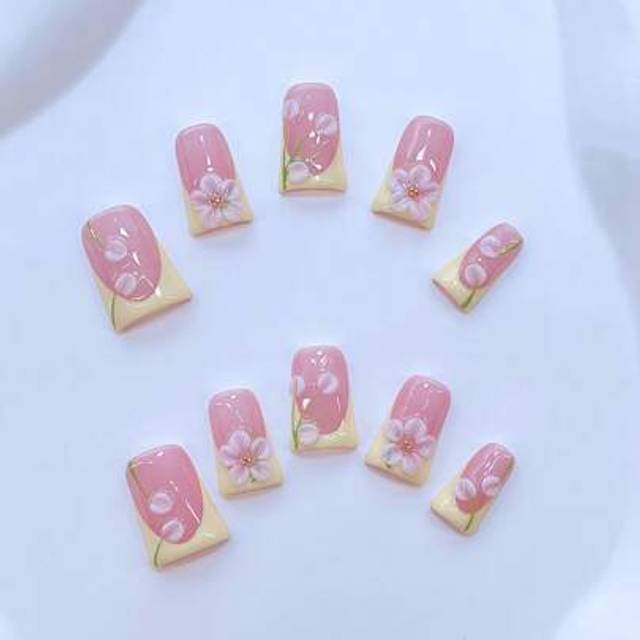 SHEIN 10Pcs Handmade Y2K Nails Chic Duckbill Press On Nails Set - Handcrafted, Pink Nails, Yellow French Style, Handmade 3D Yellow Flowers With Green Petal,