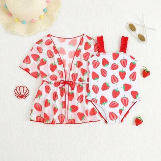 SHEIN Baby Girl Cute Strawberry Print One-Piece Swimsuit With Cover-Up