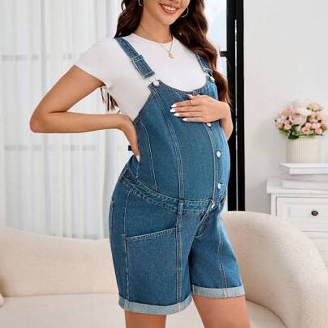 SHEIN Pregnant Women&#39;s Solid Color Fitted Front Button Summer Denim Jumpsuit
