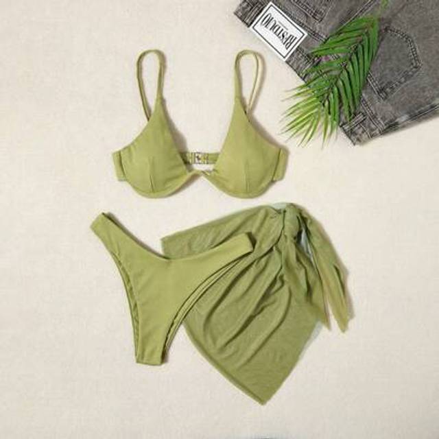 Swim Vcay Women&#39;s Solid Color Halter Tie Sexy Bikini Set With Cover-Up And Skirt, 3-Piece, Padded