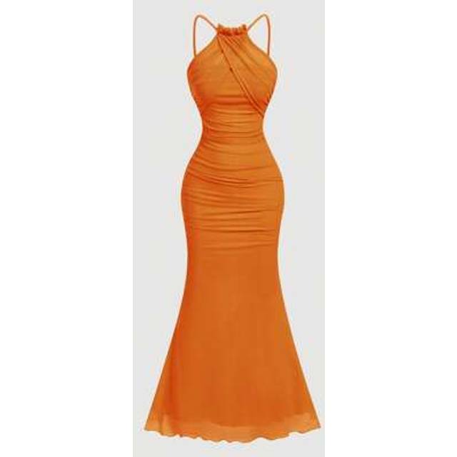SHEIN Women&#39;s Orange Color Halter Neck Fish Tail Hem Long Dress,Prom Dress,Fall Dresses