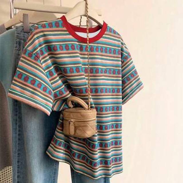SHEIN Cute Floral & Striped Pattern Women Short Sleeve Crew Neck T-Shirt For Summer