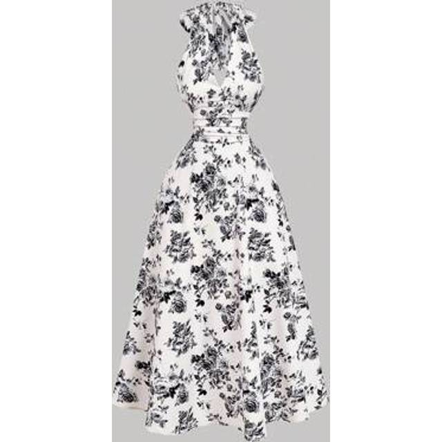 SHEIN Women&#39;s Vintage Floral Print Ruched Waist Elegant Halter Midi Dress,Vacation Outfits Woman,Summer Outfits For Women,Western Wear Women,Country Outfits