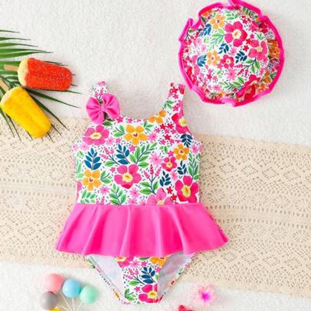 SHEIN Infant/Baby Girl Floral Print One-Piece Swimsuit With Hood, Summer Vacation