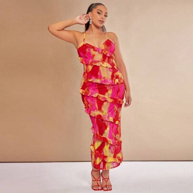SHEIN Plus Tie Dye Ruffle Trim Cami Dress For Summer