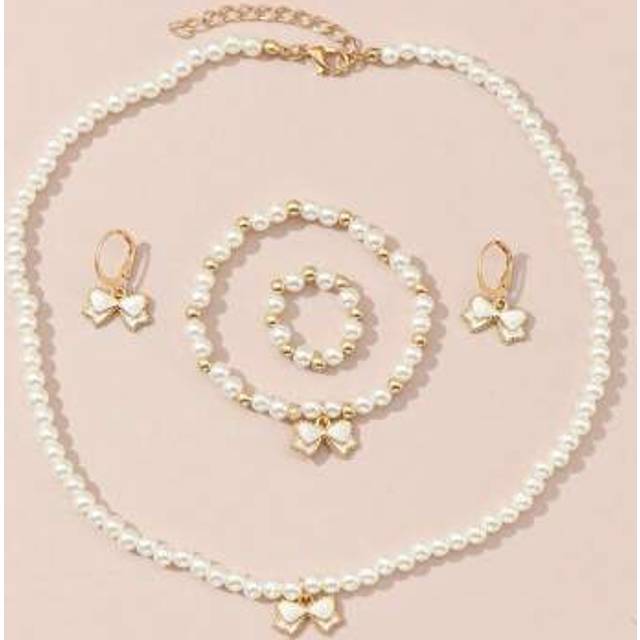 SHEIN 5pcs/Set Girls&#39; Faux Pearl & Beaded Butterfly Necklace, Bracelet, Earrings And Ring Set