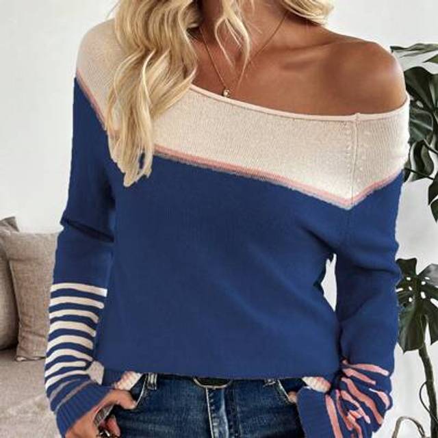 SHEIN Blogger-Style Color Block Loose Fit Oversized Crew Neck Pullover Sweater, European & American Style