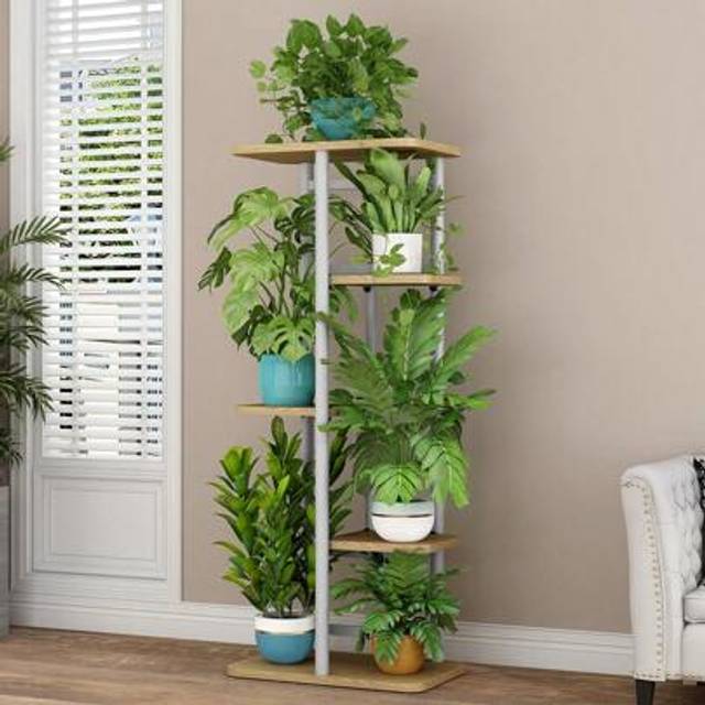 SHEIN Plant Stand, Indoor Metal Flower Shelf With Wooden Reinforced Base, Anti Slip Corner Tall Flower Holders For Patio Living Room Balcony Garden Bedroom