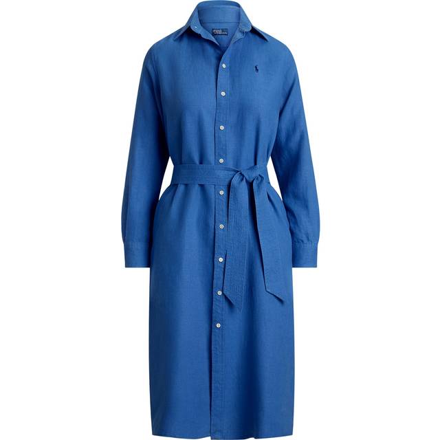 Linen Midi Shirt Dress with Long Sleeves - blue - 8