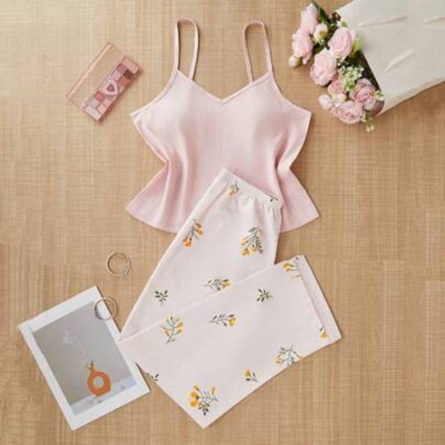 SHEIN Women&#39;s Solid Color Camisole Top And Botanical Print Pants Pajama Set, Summer Loungewear Holiday Season ,Vacation