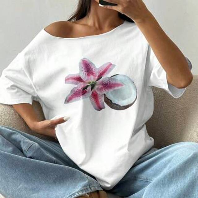 Flirla Women&#39;s White Oversized Off-Shoulder T-Shirt With 3D Lily And Coconut Print