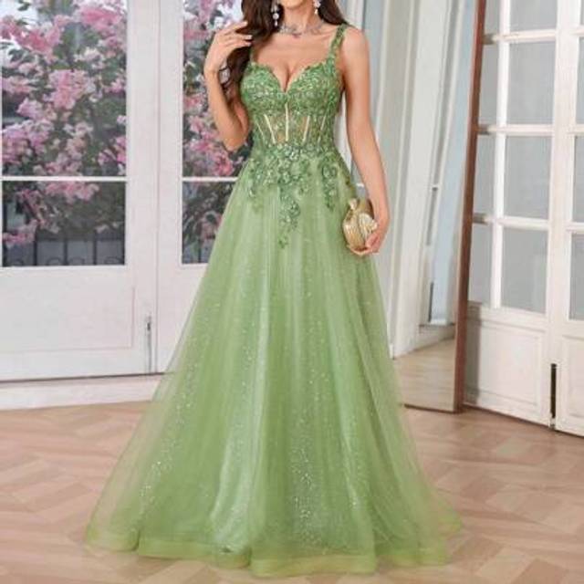 SHEIN Olive Green Tulle Slip Dress Long A Line Sparkly Embroidery Prom Dress, Party Dress
