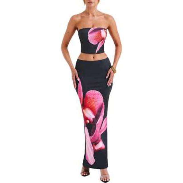 SHEIN Women 2 Piece Outfits Floral Print Tube Tops And Elastic Bodycon Long Skirt Set For Streetwear Aesthetic Clothes
