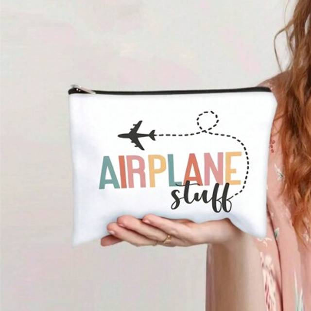 SHEIN Canvas Cosmetic Bag For Travel - Airplane Stuff Travel Pouch & Luggage Organizer, Non-Waterproof Makeup Bag, Unscented, Perfect Gift For Flight Attend