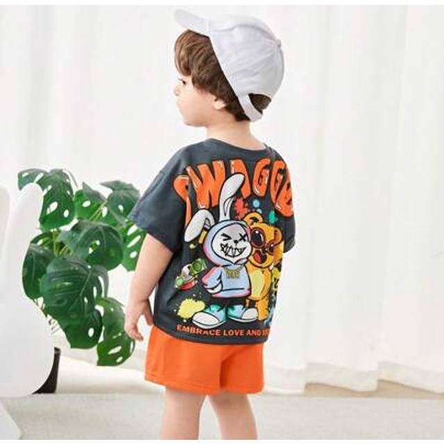 SHEIN Baby Boys/Girls 2pcs/Set Cartoon Animal Pattern Knit Soft Round Neck Dolman Top & Elastic Waist Shorts, Suitable For Casual, Sports, Home, Outgoing, S