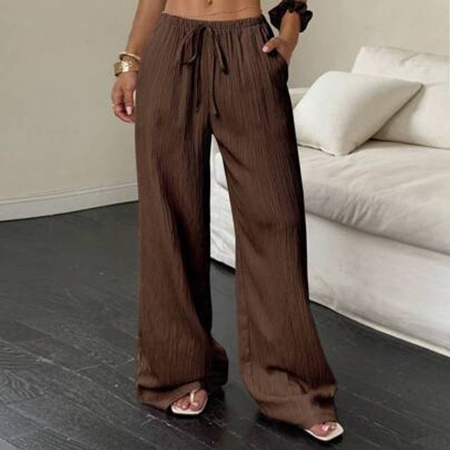 Flirla Women&#39;s Solid Color Elastic Waist Draw Cord Summer Casual Pants With Pockets