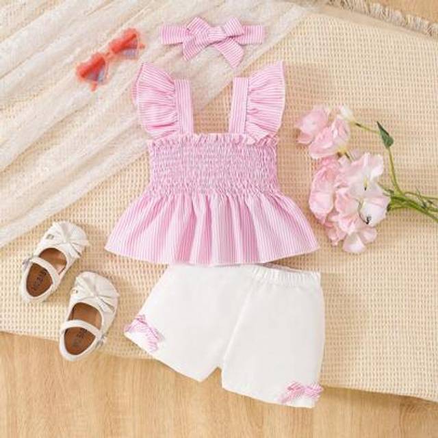 SHEIN 2pcs Baby Girls Set: Cute Cap Sleeve Striped Blouse And Bow Shorts, Spring/Summer