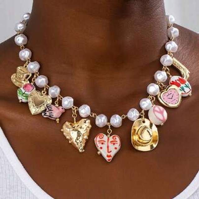 SHEIN 1pc Heart Locket Charm Necklace, Cowboy Boots & Hat Multi Charms Necklace Jewelry, Faux Pearl Beaded Necklace With Ceramic China Charms (Handmade, Sha